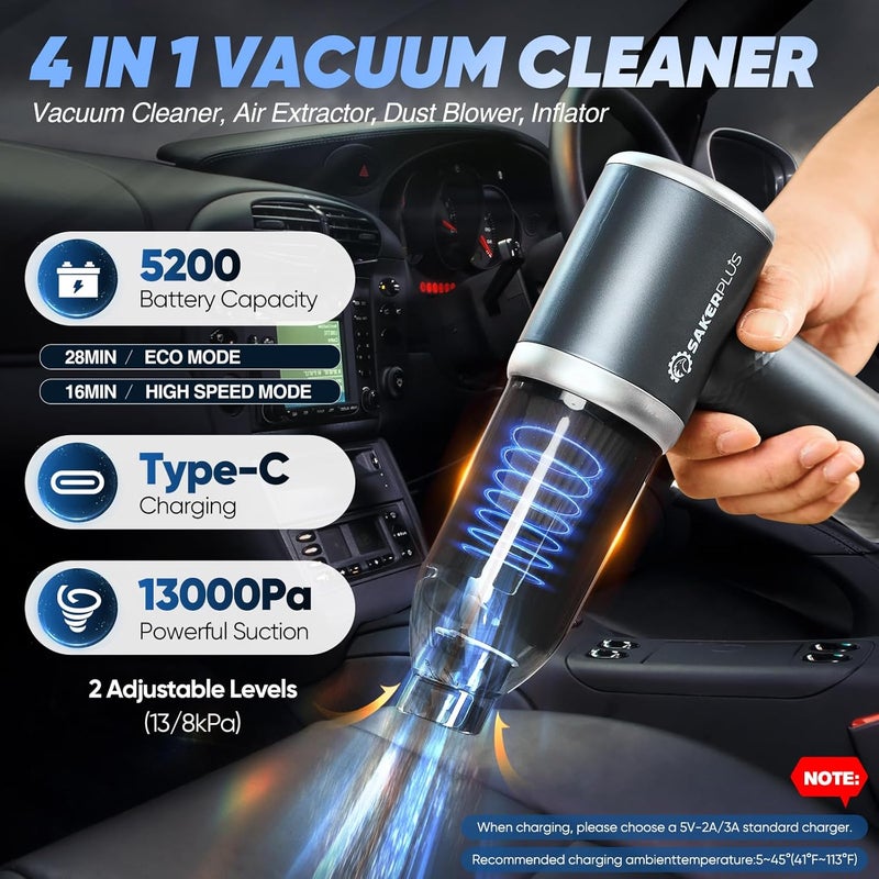 SakerPlus Mini Vacuum Cleaner, 3 in 1 Cordless Handheld Vacuum Cleaner, 13000Pa High Power Car Vacuum Cleaner with Brushless Motor,Adjustable Car Vaccum Portable Cordless for Cars,Desktop-DBS03 - Image 2